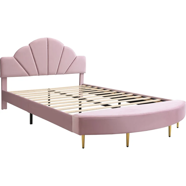 Merax Polsterbett, 140x200cm Doppelbett Samtkopfteil, Mit einer Bettbank in gleicher Farbe, Weiche Antikollisions-Schwammkante, Stabiler Bettrahmen, Rosa – Bild 8