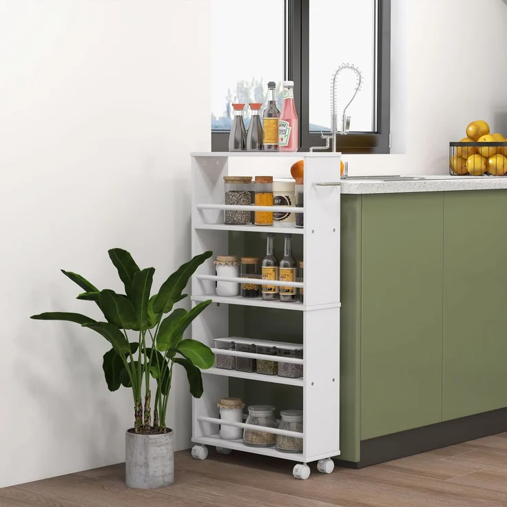 Multifunktionsregal mit Rollen, schmale Bauweise, 4 Fächer, 45x15x91 cm, Weiß--Weiß--45x15x91cm--YOUDENOVA – Bild 4