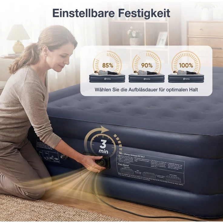 Sekey Luftbett mit integrierter Luftpumpe, Luftmatratze selbstaufblasend 2 Personen, 203 x 152 x 46 cm, blau / blau – Bild 3
