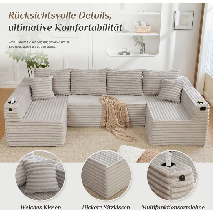 U-Form-Sofa aus Cord mit Getränkehalter & Seitentasche, 320x155x88 cm, Hellgrau – Bild 8