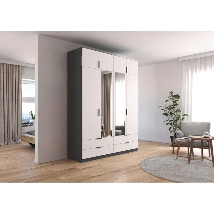Rauch Möbel Lagoa, Kleiderschrank, Garderobe für Schlafzimmer, Kinderzimmer, Jugendzimmer 8-türig, mit Spiegel, 4 Schubladen, mit Zubehör Classic, Farbe Weiß /Grau metallic, Schwarz, Breite 181 – Bild 2