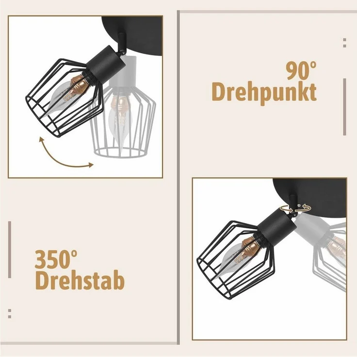 Nettlife Deckenstrahler Vintage Schwarz/Weiß 1/2/3/4/6 Flamming E14 industriell Wohnzimmer, Drehbar 350°, LED wechselbar, Flur Küchen Schlafzimmer – Bild 2
