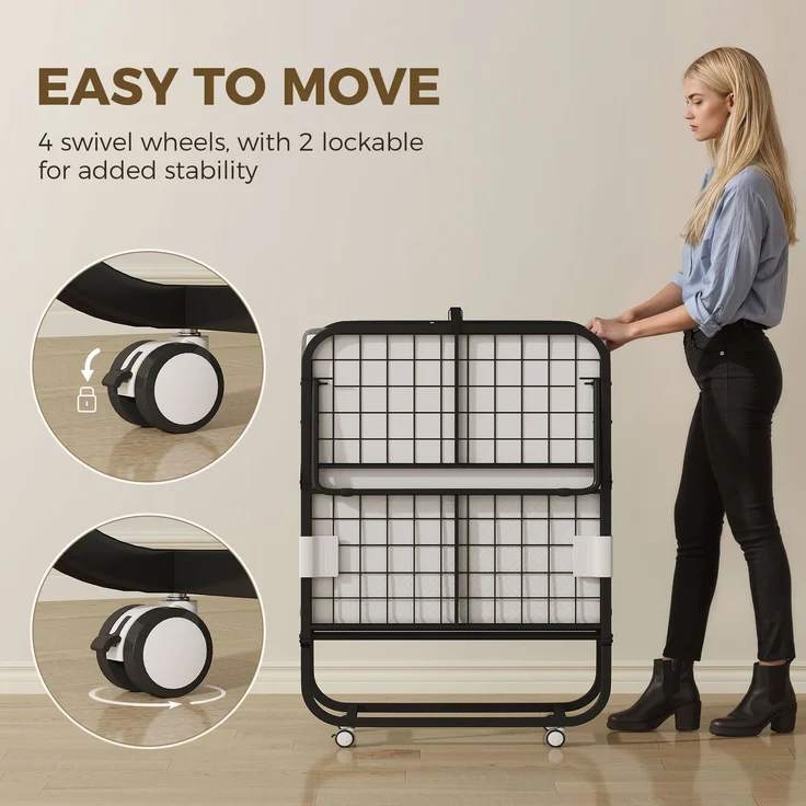 Klappbett für 1 Person, 200 x 80 cm, mit Matratze, zusammenklappbares und transportables Zusatzbett auf Rollen, Stahlrahmen, weiß – Bild 10
