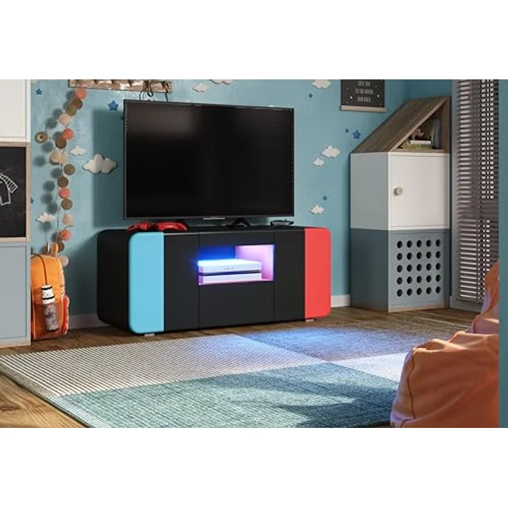 trendteam smart living - Level Up - TV-Schrank - Schwarz/Rot/Blau - Gaming-Lowboard passend für z.B. Nintendo Switch - (BxHxT) 115 x 49 x 42 cm - Mit LED-Spot BLAU, 4er-Set – Bild 2