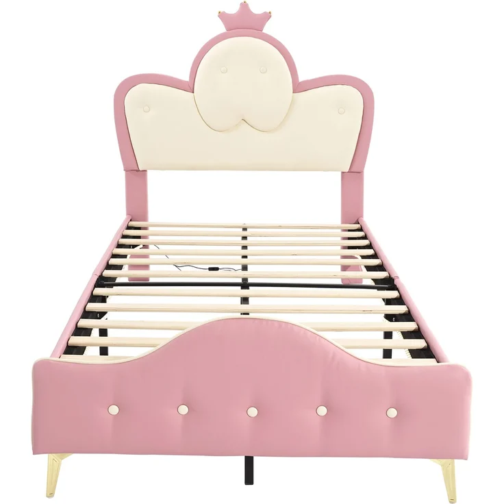 Merax 90x200CM Polsterbett, Kinderbett, mit weichen Schutzkanten, Monochromer LED-Streifen, Kopfteil mit Krone, Bettfüße aus Metall, Wellenform mit Zugpunkt am Kopfende des Bettes, Einzelbett, PU, Rosa+Weiß – Bild 9