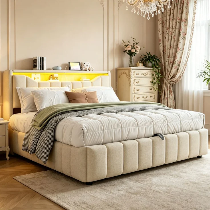 LVHOM Doppelbett 180 x 200cm mit Hydraulik und Stauraum, Funktionsbett mit LED & USB, Polsterbett mit Kopfteil-Fach, Leinen, Beige – Bild 8