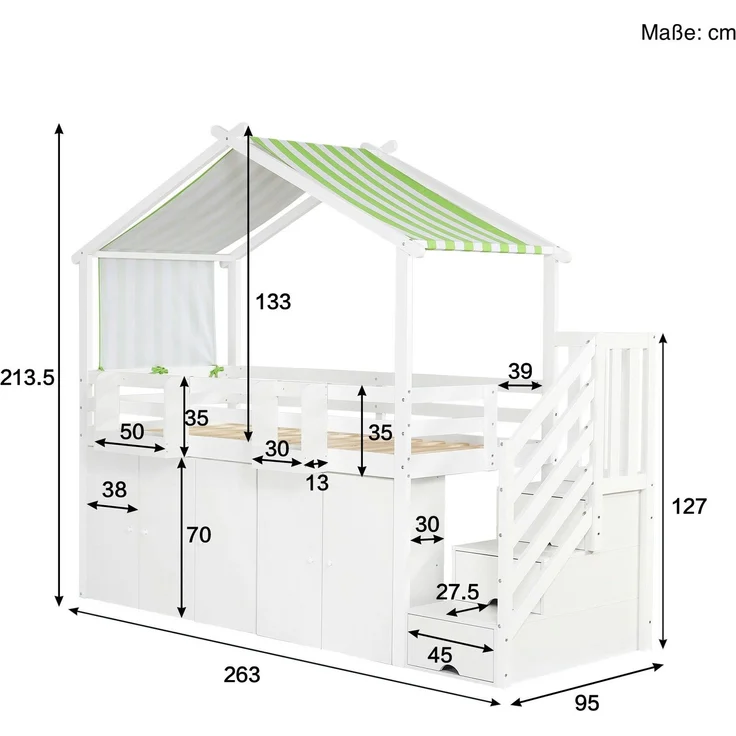 Hochbett mit Lattenrost, Kleiderschrank, Regal und Treppe, 90x200 cm, Hausbett, Kinderbett mit Rausfallschutz, Kiefer – Bild 6