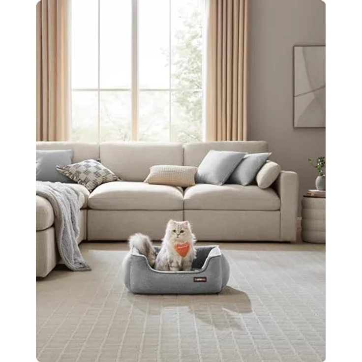 Feandrea Katzenbett, Hundebett, Hundekissen in Leinenoptik, erhöhte Ränder, rutschfeste Unterseite, Bezug abnehmbar waschbar, S, für Minihund, 60 x 50 x 21 cm, hellgrau PGW009G02 – Bild 3