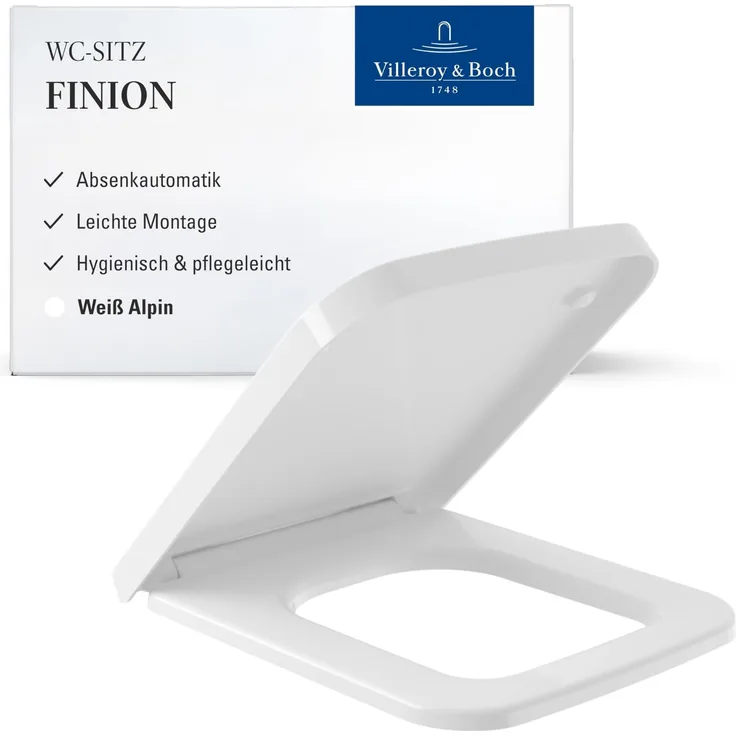 Villeroy & Boch Finion WC-Sitz - Toilettendeckel mit Absenkautomatik - Abnehmbarer, bruchsicherer Toilettensitz aus Duroplast - Original Ersatzteil - Klodeckel in eckiger Form - Weiß Alpin, glänzend