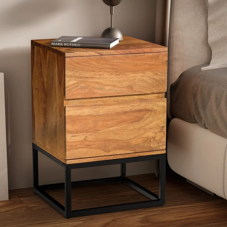 FineBuy Nachttisch Sheesham Massivholz mit Metallgestell und 2 Schubladen – Nachtkonsole im Industrial Design für Schlafzimmer – Nachtkästchen für Boxspringbett 40x38x60 cm – Bild 1