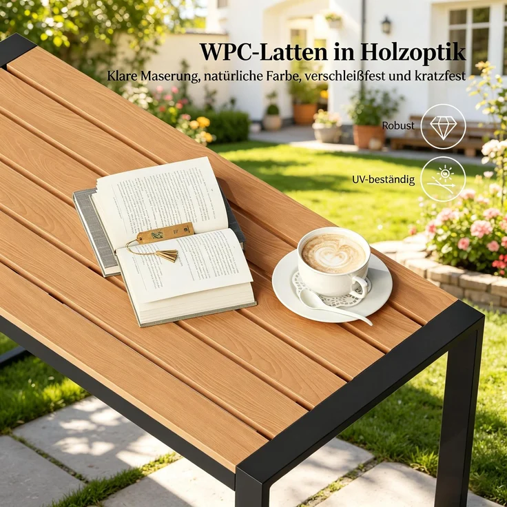 Gartentisch mit Zweisitzer-Sofa und 2 Sesseln, 83,5 x 39 x 41 cm, Naturholz, PE-Rattan und Metall – Bild 7