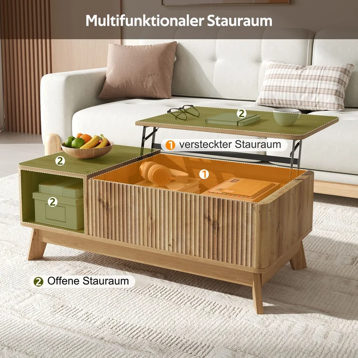 Merax Couchtisch mit Hubfunktion, Wellenoptik, offenes Seitenfach, MDF-Material, Moderner Stil, Natur – Bild 8