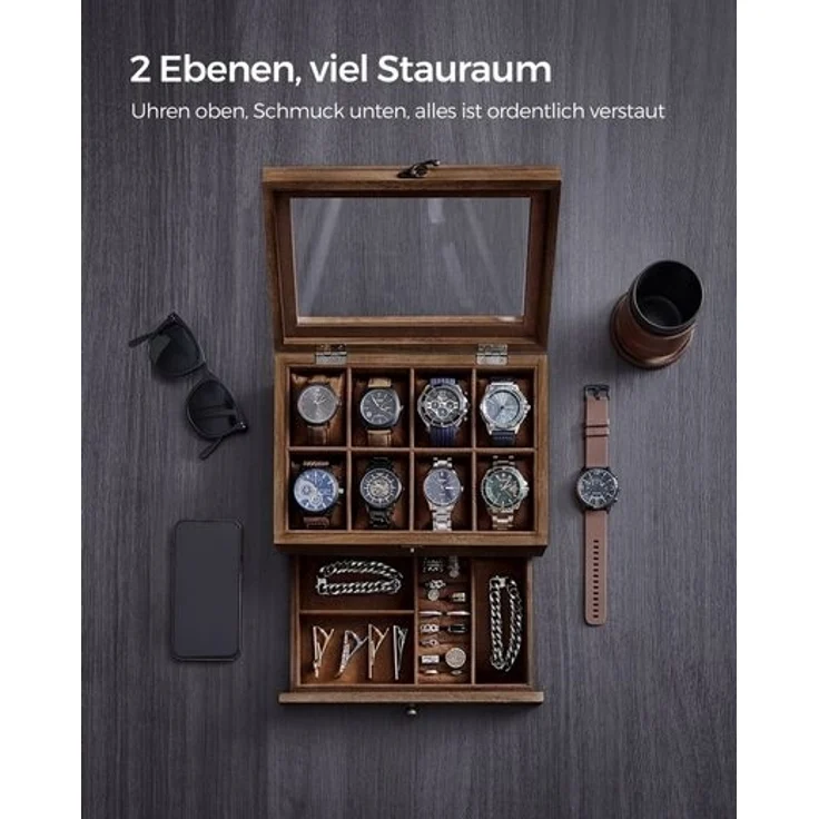 SONGMICS Uhrenbox mit 8 Fächern, Uhrenkasten aus Massivholz, mit Glasdeckel, Uhrenkissen, Schmuckaufbewahrung, Geschenk für Ihre Liebsten, walnussfarben JOW008K01 – Bild 3