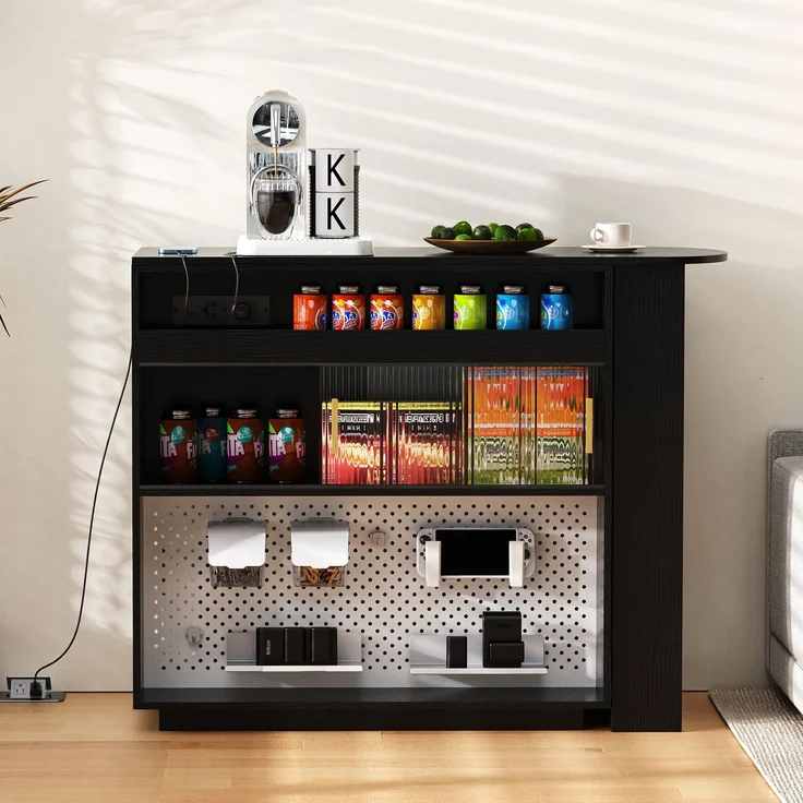 Merax Bartisch, Ausziehbar 360° Drehbare Sideboard mit Stauraum und LED-Beleuchtung, Reversibel Sideboard mit Lochbrett und Steckdosen(Schwarz) – Bild 6
