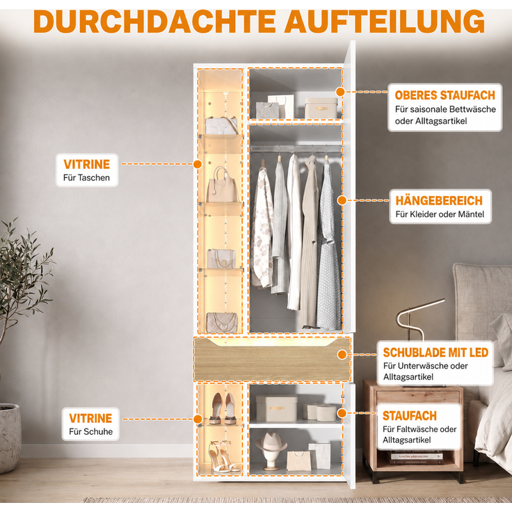 Kleiderschrank B 75 x T 50 x H 200 cm aus MDF mit LED-Glasvitrine – Bild 9