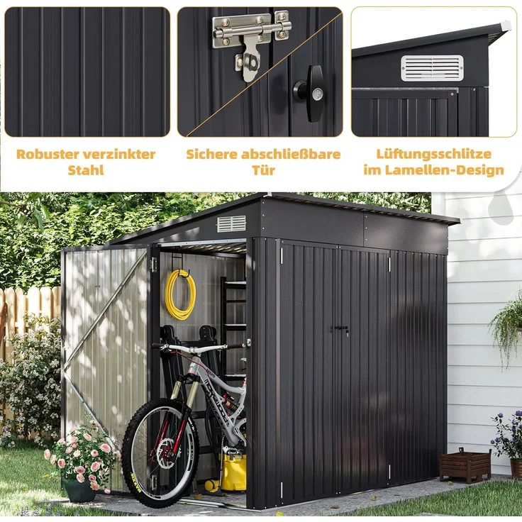 Aoxun Gartenhaus Metall 232x131x183cm mit 3 Türen & Pultdach, wetterfestes Fahrradgarage für bis 4 Fahrräder, Stabiler Geräteschuppen aus verzinktem Stahl für Garten Terrasse Hof, Schwarz – Bild 5