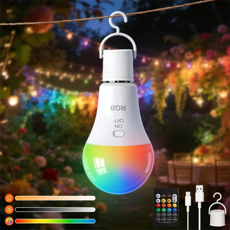 Ketom RGB Glühbirne mit Fernbedienung, USB Aufladbare Glühbirne E27 Dimmbar | Wiederaufladbare Glühbirne mit Timerfunktion, 3 Farben, Tastensteuerung, 7W Akku Glühbirne mit Haken, Lampenbirne Notlicht