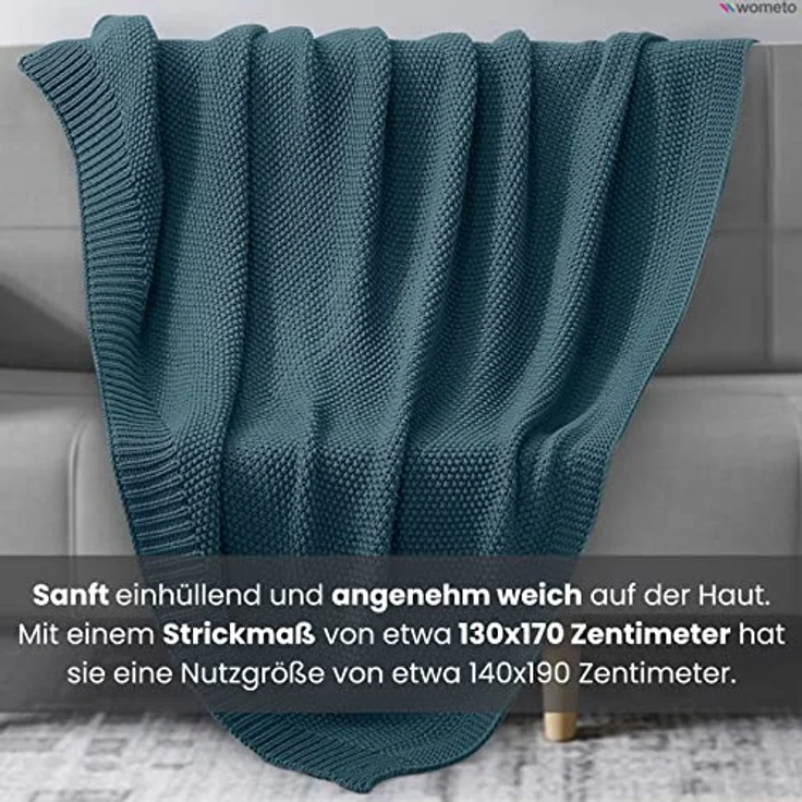 wometo Strickdecke, Türkis, 140x190 cm, Oeko-Tex® zertifiziert, pflegeleicht, hochwertige Grobstrick-Optik – Bild 4