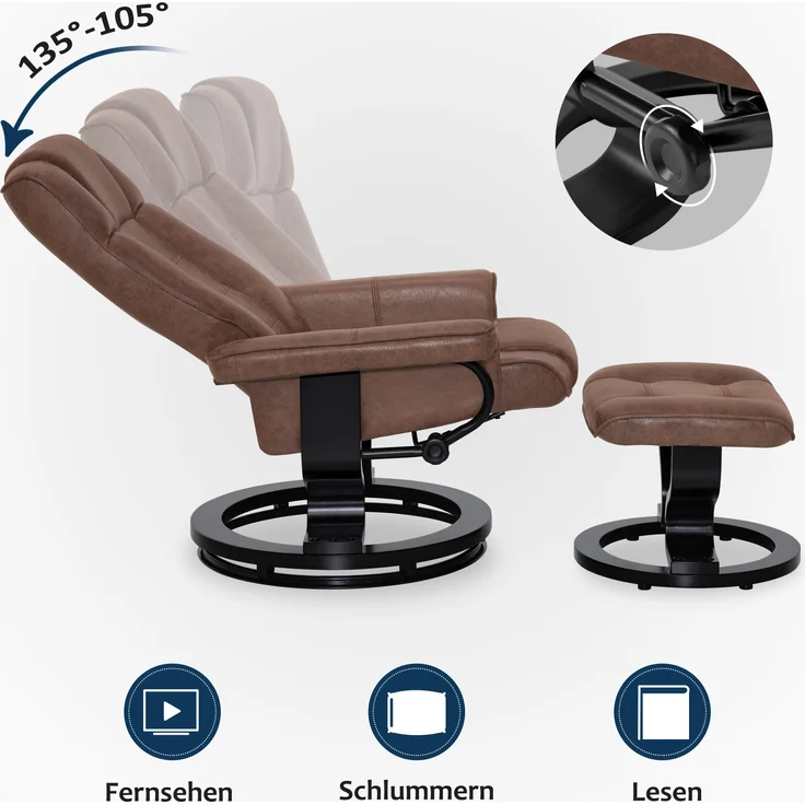 M MCombo Relaxsessel mit Hocker, 360° Drehbarer Fernsehsessel mit Liegefunktion, bis 120 Kg Belastbarer TV-Sessel, Moderner Ruhesessel für Wohnzimmer, 9019 (Braun-Mikrofaser) – Bild 4