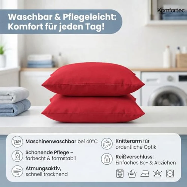 Komfortec Kissenbezug 80x80 cm 2er Set aus Gebürstet Mikrofaser mit Reißverschluss, Atmungskativ und Weich – Rot – Bild 7