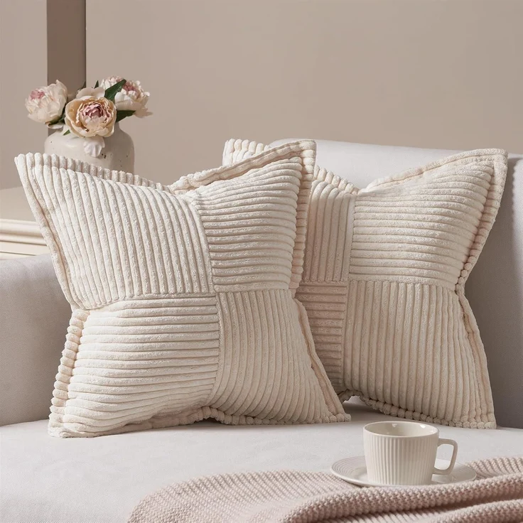 2er Set Kissenbezug 40x40 beige Kordsamt Deko Sofakissen Reißverschluss – Bild 1