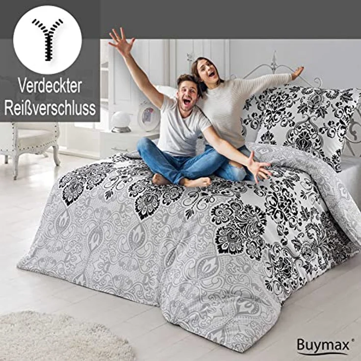 Buymax Bettwäsche Wendebettwäsche, Bettbezug-Set, Renforcé 100% Baumwolle, 2 teilig, 155x220 cm, elegant, mit Reißverschluss, Barock, Weiß, Grau – Bild 5