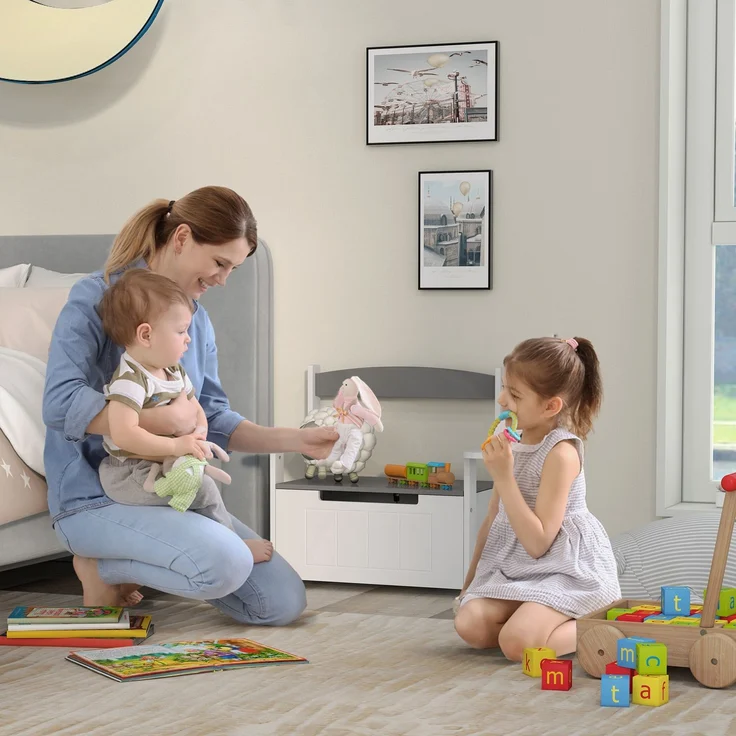 JARDJ Kinder-Aufbewahrungsbank mit Rückenlehne und Soft-Close-Deckel, Tragkraft 30 kg, für Spielzimmer, 68,5 x 34 x 58 cm, Grau und Weiß – Bild 4