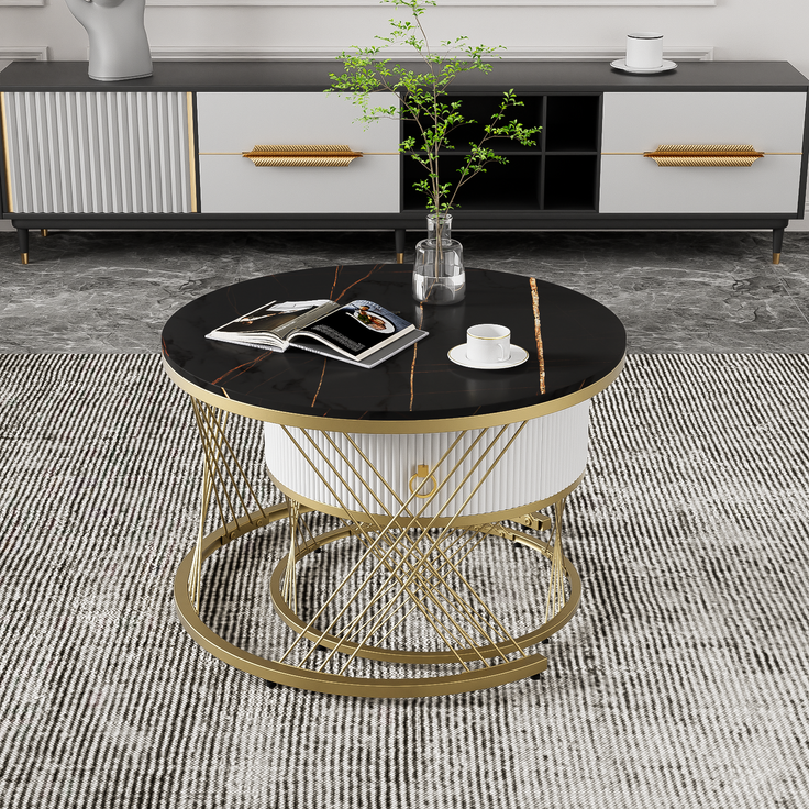 Couchtisch 2er Set 70×70+50×50 cm, Beistelltisch mit Schublade, Sofatisch in Marmoroptik Schwarz – Bild 6