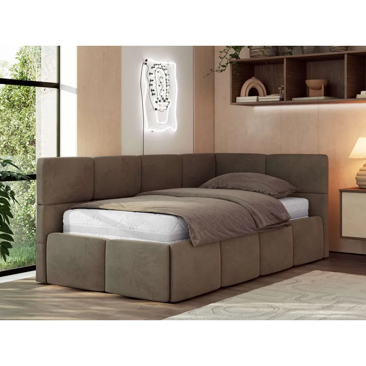 Jugendbett 90x200 ARVO Polsterbett mit Bettkasten, Stauraum & Gasdruckfeder, Modernes Design mit Kopfteil, Pocket Matratze - Braun Velvet - VIRE LUX - Rechts Seite