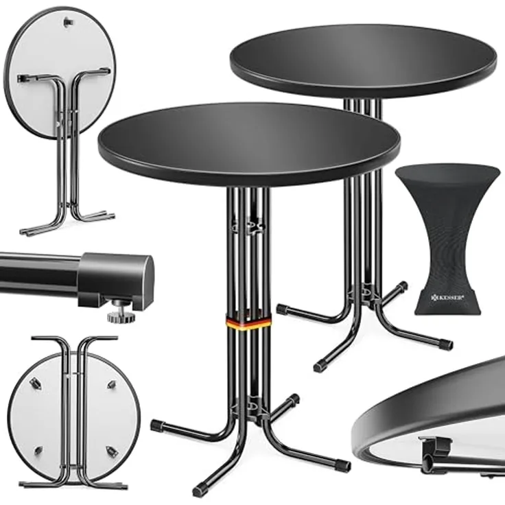 KESSER® Gastro Stehtisch klappbar Bistrotisch 2er Set | Pulverbeschichtete Edelstahlplatte | höhenverstellbare Füße | Party-Tisch Ø 70cm | In- & Outdoor | Empfangstisch mit Husse | Klapptisch Schwarz