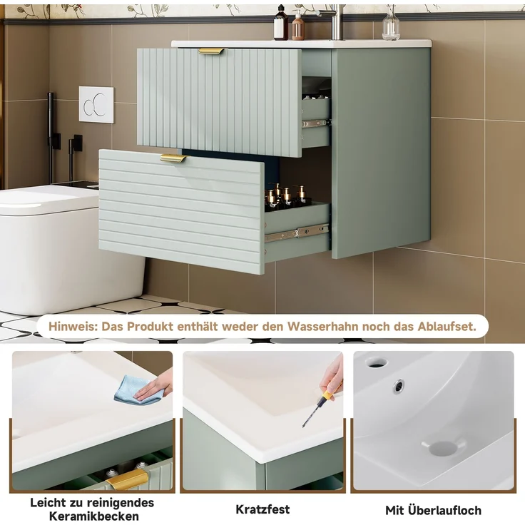 Waschtischunterschrank 61 x 46 x 57 cm, wandhängend, mintgrün, mit Keramikbecken und 2 Schubladen – Bild 5