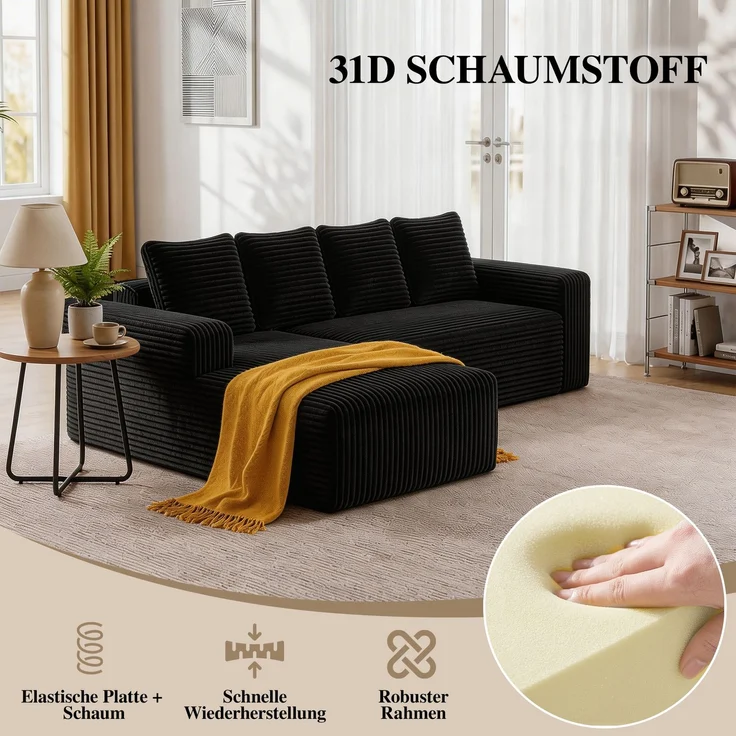 EINHOM Cloud Ecksofa mit L-Shape Recamieren, Modern Modular Sofa mit Deep Seat, Upholstered Sofaes mit Right Facing Recamieren für Wohnzimmer Schlafzimmer, Keine Montage erforderlich, Schwarz (Plush Corduroy Fabric) – Bild 3