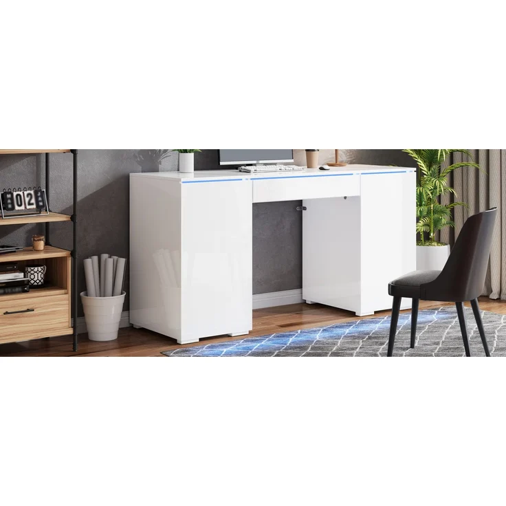 ZUBALIYA 140x50cm großer Schreibtisch in Hochglanz, mit LED-Beleuchtung, 1 Schublade und 2 Türen, moderner Computertisch mit extra großer Arbeitsfläche, Schminktisch mit Stauraum, in Weiß-Hochglanz – Bild 20
