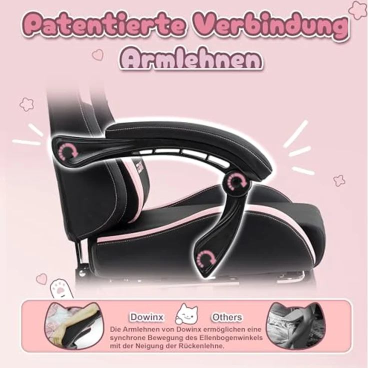 Dowinx Gaming Stuhl - Süße Katze Edition - Ergonomischer Computerstuhl mit Hoher Rückenlehne und Lendenwirbelstütze, PU-Leder, Fußstütze, Schwarz – Bild 7