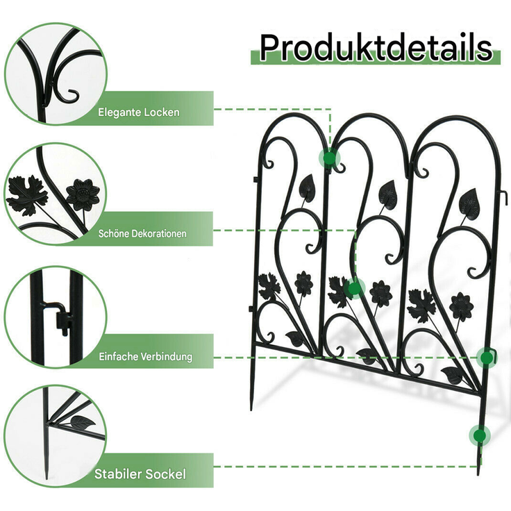UNHO 5 Stück Beetzaun Metall Gartenzaun Eisen Beeteinfassung Beetumrandung 60x62 cm Schmuckzaun verzinkt Teichzaun Gitterzaun Gehege Zaunset Schwarz – Bild 2