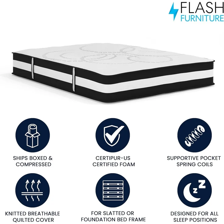 Flash Furniture Hybrid-Taschenfederkernmatratze – Mittelfeste Schaumstoff Matratze für erholsamen Schlaf – Hochwertige Matratze in Doppelgröße – 160 x 200 x 30 cm – Weiß – Bild 4