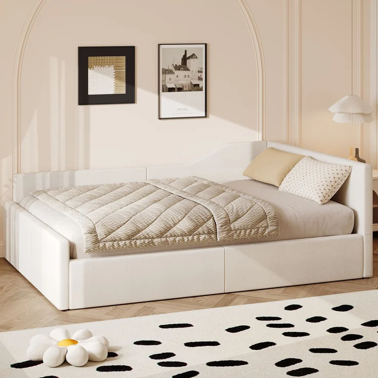 Tagesbett 140x200 cm, gepolstertes Schlafsofa mit Stauraum, Leinenbezug, Beige – Bild 2