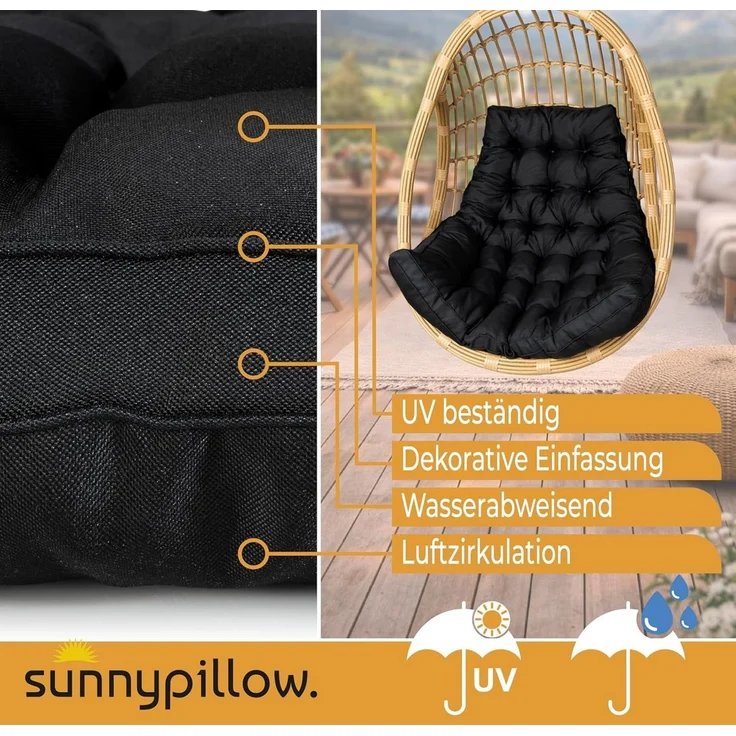 sunnypillow Polsterauflage Hängesessel Kissen - Auflage für Rattan & Polyrattan Hängeschaukel, Schwarz – Bild 2