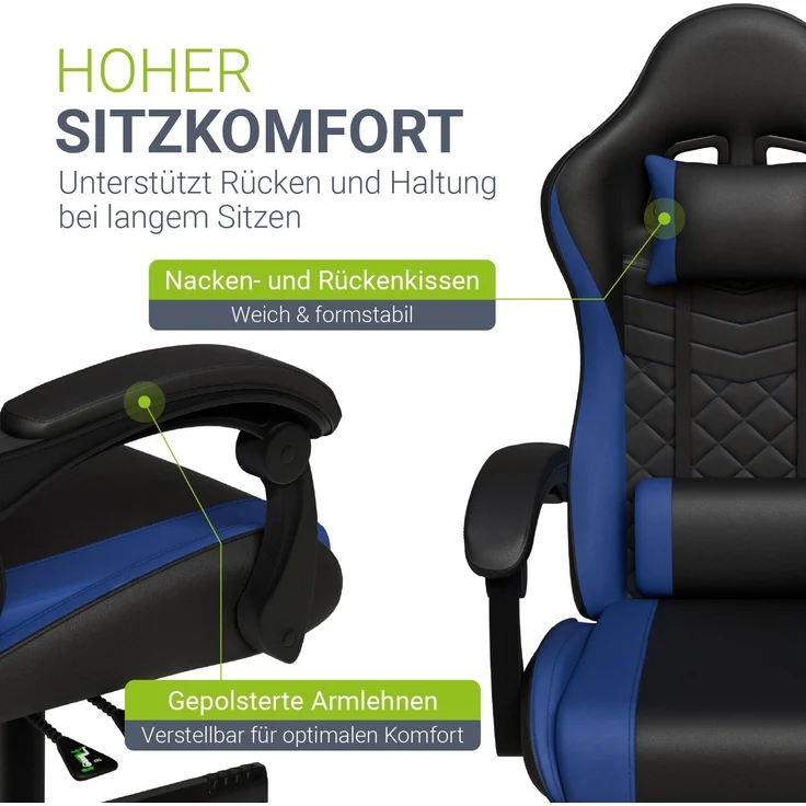 Juskys Gamingstuhl HyperSeat, verstellbare Rückenlehne, höhenverstellbarer Drehstuhl, Kunstleder, ergonomisch, für Büro & Gaming Setup – Schwarz/blau – Bild 4