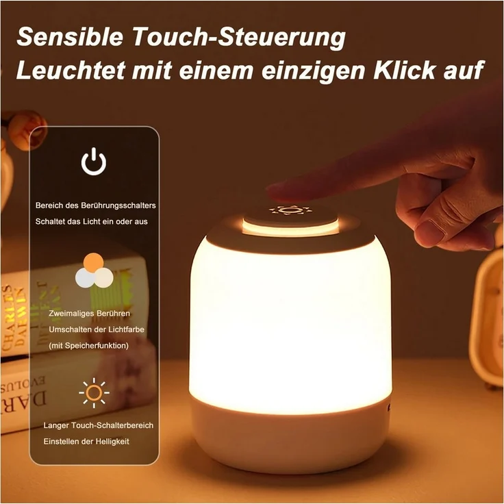 OYLCDI Nachttischlampe LED Nachttischlampe LED Nachtlicht, Dimmbar Atmosphäre Tischlampe, LED fest integriert, Weißes Licht, warmes Licht, neutrales Licht, mit Batterie, USB-Aufladung, mit Touch-Sensor,Tragbare Nachtlicht für Kinder/Erwachsene – Bild 2
