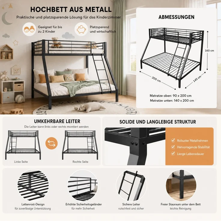 Etagenbett 90/140x200 cm aus Metall in Schwarz mit flexibel montierbarer Leiter – Ohne Matratze – Bild 7