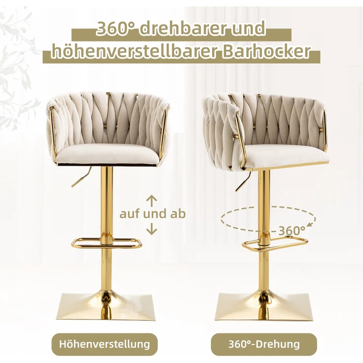 LVHOM Barhocker 2er Set, 360° drehbare moderne Samt-Barstühle, drehbare Küchenhocker, goldene Stuhlbeine – Bild 3
