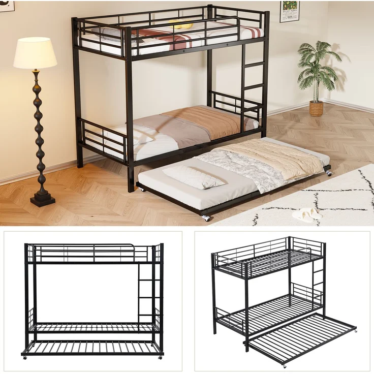 EINHOM Eisenbett, Etagenbett, Geeignet für Kinder und Jugendliche, mit Ausziehbett, Vier Seitengitter am Oberen Bett, Eisen, Schwarz, 90 x 200 Cm&90 x 190 cm (Ohne Matratze) – Bild 4