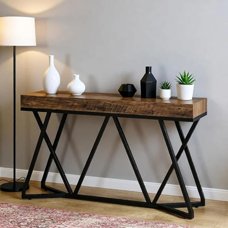 LITTLE TREE Konsolentisch mit Metallgestell, 140 cm Sofatisch im Industrial Landhausstil, Hoher Eintrittstisch für Flur & Wohnzimmer, Rustikale Holzoptik, Stabile Konstruktion, Rustikales Braun – Bild 5