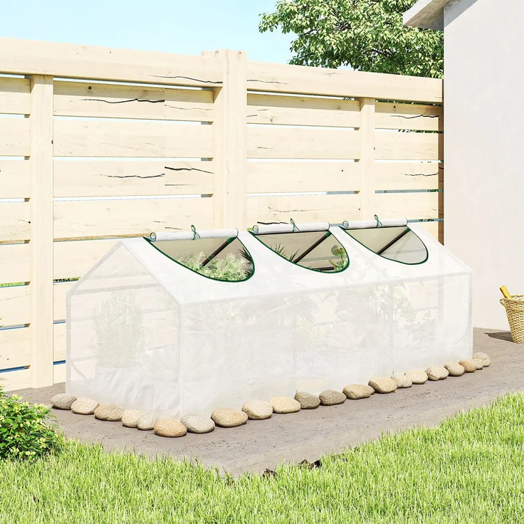 MELAYR, Mini-Gewächshaus mit 3 aufrollbaren Fenstern, hochdichter PE-Folie (140 g/m²), 180 x 60 x 60 cm, weiß – Bild 4