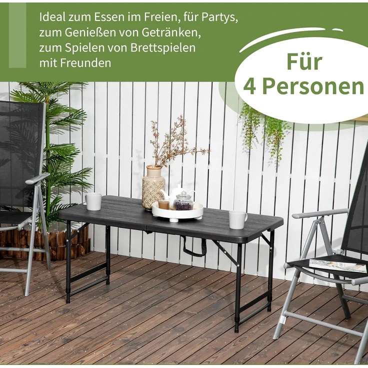 Outsunny Gartentisch Campingtisch Buffettisch mit Stahlgestell (Terrassentisch für 4 Personen, 1-St, Höhenverstellbarer Klapptisch), HDPE 118 x 60 x 74 cm, Dunkelgrau – Bild 4