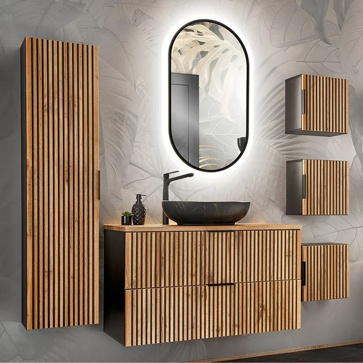 Badezimmer Hängeschrank 35x35 cm XANTEN-56 in anthrazit mit Eiche Nb. schwarze Rillen, B/H/T: ca. 35/35/22 cm – Bild 5