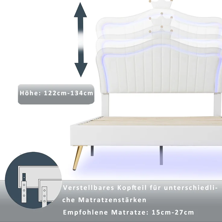 Kinderbett Muschelform mit Krone, LED Beleuchtung, Kunstleder Polsterbett 140x200 cm, stabiler Rahmen, leicht zu reinigen – Bild 6