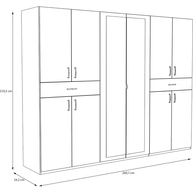 Forte Serenade Kleiderschrank 270, moderner Drehtürenschrank, 10-türig, 2 Schubladen, Kleiderstangen, Einlegeböden, Spiegel, Holzwerkstoff, Weiß, 269,7 cm breit x 210,5 cm hoch x 54 cm tief – Bild 2