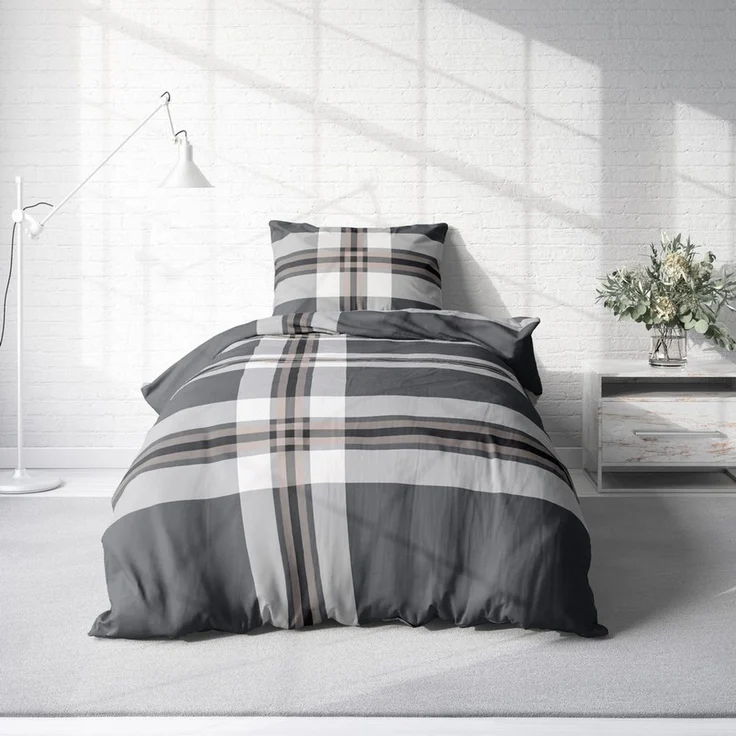One Home Bettwäsche Winter Gestreift Modern, Biber, 2 teilig, kariert streifen, kuschelig warme weiche Baumwolle Flanell – Bild 2